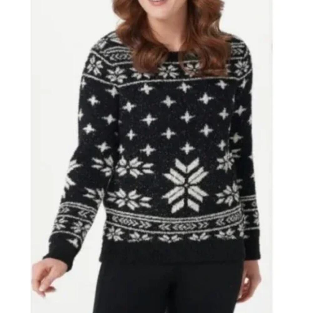 Barefoot Dreams CozyChic Nordic Fair Isle Crew Neck Pullover Cozy Sweater Sz L